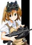  badge brown_eyes brown_hair bullpup excel_(artist) f2000 fn_f2000 goggles goggles_on_head gun head_mounted_display misaka_imouto night_vision_goggles nightvision rifle school_uniform short_hair simple_background solo to_aru_majutsu_no_index trigger_discipline weapon 