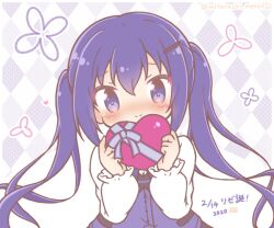  1girl argyle_background blush box closed_mouth commentary_request dated employee_uniform gochuumon_wa_usagi_desu_ka? hair_between_eyes hair_ornament hairclip heart-shaped_box holding holding_box long_hair long_sleeves mitarashi_neko nose_blush puffy_long_sleeves puffy_sleeves purple_hair purple_vest rabbit_house_uniform shirt smile solo tedeza_rize translation_request twintails upper_body valentine very_long_hair vest violet_eyes waitress white_shirt 