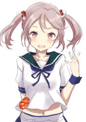  1girl apron badge breasts commentary_request fuji_(pixiv24804665) hair_bobbles hair_ornament highres jewelry kantai_collection pink_eyes pink_hair ring sailor_collar sazanami_(kancolle) school_uniform serafuku short_hair simple_background skirt small_breasts solo twintails waist_apron white_background 