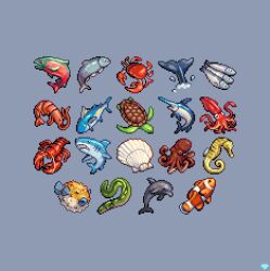  animal animal_focus animal_request blue_background clam clownfish commentary crab dolphin eel english_commentary fish grey_background highres lobster mirrutatep no_humans octopus original pixel_art puffer_fish salmon_(fish) sardine sea_turtle seahorse shark shrimp simple_background squid swordfish tropical_fish trout turtle whale 