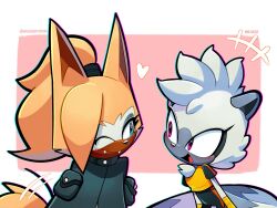  +++ 2girls animal_ears animal_nose artist_name black_bodysuit black_jacket black_pants blonde_hair blue_eyes blush body_fur bodysuit border brown_fur closed_mouth commentary crop_top eye_contact fang fangs fox_ears fox_girl fox_tail furry furry_female furry_with_furry gloves grey_fur hair_tie happy highres jacket long_sleeves looking_at_another makeup motion_lines multicolored_fur multiple_girls one_eye_closed open_mouth orange_fur outside_border pants pink_background ponytail raccoon_ears raccoon_girl shirt short_hair short_sleeves simple_background sleeveless sleeveless_shirt smile snout sonic_(series) sonic_the_hedgehog_(idw) standing sunsetbriz tail tail_wagging tangle_the_lemur twitter_username two-tone_fur untranslatable_commentary violet_eyes whisper_the_wolf white_border white_fur wolf_ears wolf_girl wolf_tail yellow_fur yellow_shirt 