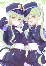 2girls :< absurdres armband black_hat black_skirt blue_archive blue_armband buttons commentary cowboy_shot demon_tail double-breasted fang gloves green_hair green_halo gurakyuso halo hand_on_own_hip hat highres hikari_(blue_archive) long_hair long_sleeves multiple_girls nozomi_(blue_archive) pleated_skirt pointy_ears side-by-side simple_background skin_fang skirt smile tail twintails v-shaped_eyebrows white_background white_gloves yellow_eyes 
