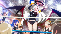  6+girls absurdres ahoge armpits arms_up ball black_buruma black_choker black_shirt blonde_hair blue_archive blue_eyes blue_hair blurry brown_hair buruma choker commentary_request demon_girl demon_horns demon_tail demon_wings depth_of_field hair_between_eyes halo headband highres horns jersey jumping knee_pads long_hair looking_at_another looking_at_viewer multicolored_halo multiple_girls original ponytail purple_hair red_eyes red_halo school_gym shirt short_hair side_ponytail sidelocks sleeveless sleeveless_shirt solo_focus sportswear sun_(treeplanting) tail treeplanting two-tone_halo violet_eyes volleyball volleyball_(object) volleyball_net volleyball_uniform white_hair wings 