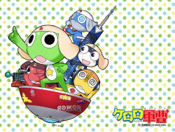  5boys alien black_eyes blue_eyes chopsticks copyright_name dororo_(keroro_gunsou) food frog giroro glasses hat headphones holding holding_weapon keroro keroro_gunsou kururu_(keroro_gunsou) mask mouth_mask multiple_boys ninja_mask no_humans noodles official_art official_wallpaper ramen simple_background star_(symbol) tadpole tamama ufo weapon yoshizaki_mine 