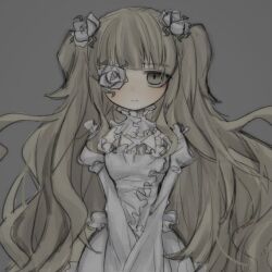  1girl blonde_hair blunt_bangs blush choker closed_mouth criss-cross_straps dot_nose dress flower flower_over_eye frilled_choker frills green_eyes grey_background hair_flower hair_ornament juliet_sleeves kirakishou long_hair long_sleeves looking_at_viewer oniyamakei puffy_sleeves rose rozen_maiden simple_background solo twintails upper_body very_long_hair white_dress white_flower white_rose 