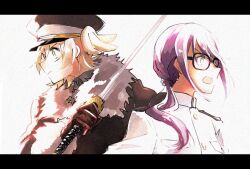  2girls :| black_cloak black_hat black_shirt blonde_hair breast_pocket cloak closed_mouth collared_shirt daiba_nana from_side fur-trimmed_cloak fur_trim glasses gloves green_eyes hand_up hat holding holding_sword holding_weapon hoshimi_junna jacket katana letterboxed long_hair looking_ahead multiple_girls official_alternate_costume open_mouth overexposure peaked_cap pocket profile purple_hair red_gloves shin9tani shirt short_hair shoujo_kageki_revue_starlight shoulder_boards sidelocks simple_background sword two-tone_hat upper_body weapon white_background white_hat white_jacket 