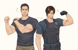  2boys belt black_vest blue_shirt brown_hair che_sue00 chris_redfield clenched_hand closed_eyes commentary cowboy_shot grin hand_on_own_shoulder hand_up highres leon_s._kennedy looking_to_the_side male_focus multiple_boys muscular muscular_male resident_evil resident_evil_1 resident_evil_2 shirt short_hair smile sparkle untranslatable_commentary vest 