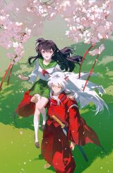  1boy 1girl animal_ears arm_around_another's_waist barefoot bead_necklace beads black_hair breasts brown_eyes brown_shoes carrying cherry_blossoms closed_mouth commentary couple dog_boy dog_ears falling_petals from_above green_sailor_collar green_skirt hair_between_eyes hakama hand_on_another's_shoulder hetero highres higurashi_kagome inuyasha inuyasha_(character) japanese_clothes jewelry kariginu katana kemonomimi_mode loafers long_hair long_sleeves medium_breasts neckerchief necklace open_mouth orange_eyes outdoors petals pink_petals pleated_skirt red_hakama red_neckerchief red_shirt requiem_(requiem_art) sailor_collar school_uniform serafuku shirt shoes shoulder_carry sidelocks skirt smile socks sword tessaiga tooth_necklace weapon white_hair white_shirt white_socks wide_sleeves 
