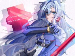  1girl a_(xenoblade) anniversary armored_bodysuit blue_eyes blue_pupils cape closed_mouth commentary_request copyright_name core_crystal_(xenoblade) earrings eyelashes grey_cape grey_hair hair_between_eyes highres jewelry long_hair looking_ahead single_earring solo standing white_background xenoblade_chronicles_(series) xenoblade_chronicles_3 xenoblade_chronicles_3:_future_redeemed yuuuki1513109 