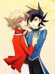  black_hair blue_eyes blush brown_eyes brown_hair hand_holding happy heinicke holding_hands male manjoume_jun multiple_boys school_uniform short_hair yaoi yu-gi-oh! yuki_judai yuu-gi-ou yuu-gi-ou_gx yuuki_juudai 