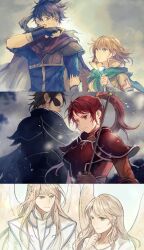  3boys 3girls absurdres armor black_armor blonde_hair blue_eyes blue_hair brother_and_sister brown_hair circlet commentary_request eyepatch fire_emblem fire_emblem:_path_of_radiance green_eyes haar_(fire_emblem) headband highres holding holding_polearm holding_staff holding_weapon ike_(fire_emblem) jill_(fire_emblem) leaf_(esabacoo) leanne_(fire_emblem) long_hair mist_(fire_emblem) multiple_boys multiple_girls pointy_ears polearm ponytail red_armor red_eyes red_hair reyson_(fire_emblem) short_hair siblings staff twitter_username weapon wings 