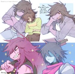  1girl 1other androgynous black_hair black_vest blue_pants blue_skin bracelet brown_hair brown_pants brown_shirt cape closed_eyes closed_mouth collared_shirt colored_sclera colored_skin commentary_request deltarune denim dual_persona english_text freckles furry furry_female green_sweater hair_over_one_eye head_on_another's_shoulder highres jacket jeans jewelry korean_commentary kris_(dark_world)_(deltarune) kris_(deltarune) long_sleeves no_eyes open_clothes open_jacket pants purple_hair purple_jacket purple_skin red_cape red_eyes savepoint010 shaded_face sharp_teeth shirt shirt_under_sweater spiked_bracelet spikes susie_(dark_world)_(deltarune) susie_(deltarune) sweater teeth tongue utdr_(toby_fox) vest white_shirt yellow_sclera 