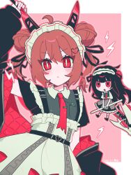  2girls absurdres ahoge animal_ear_hairband animal_ears apron arm_up arm_warmers black_arm_warmers black_dress black_hair black_ribbon broken_heart broken_heart_hair_ornament brown_hair character_request chibi collared_dress commentary double_bun dress english_commentary evil_neuro-sama fake_animal_ears frilled_apron frills hair_between_eyes hair_bun hair_ornament hair_ribbon hairband heart heart_hair_ornament highres holding_harpoon lingyou maid_headdress multiple_girls necktie red_eyes red_necktie ribbon short_sleeves timestamp two_side_up upper_body vedal987 vedal_ai virtual_youtuber white_apron white_headdress zipper 