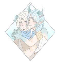  1boy 1girl absurdres aqua_horns aqua_scales aqua_skin armlet bare_shoulders black_headband blue_eyes blue_hair blue_scarf blue_sky bracer braid braided_hair_rings brother_and_sister brown_sash brown_shirt clouds colored_extremities colored_skin cropped_torso day diamond_(shape) dragon_boy dragon_girl dragon_horns dress eyes_visible_through_hair gold_armlet gold_ring greco-roman_clothes hair_over_shoulder hair_rings hair_tubes happy headband helping highres holding holding_instrument horns infinity_nikki instrument jewelry lips long_hair medael_(infinity_nikki) meghill_(infinity_nikki) multiple_rings nikki_(series) nostrils ocarina outdoors parted_lips pink_lips pointy_ears pointy_nose ring sash scarf shirt short_sleeves siblings single_hair_tube sky sleeveless sleeveless_dress smile waist_sash white_background white_dress white_hair xinjinjumin846059304802 yellow_eyes 