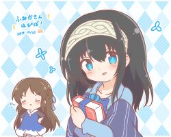  2girls :> :d argyle_background black_hair blue_bow blue_dress blue_eyes blue_shirt blush book bow brown_hair chibi closed_eyes closed_mouth commentary_request dated dress hair_bow hairband hands_on_own_hips hugging_object idolmaster idolmaster_cinderella_girls long_hair mitarashi_neko multiple_girls sagisawa_fumika shirt smile smug tachibana_arisu translation_request v-shaped_eyebrows very_long_hair white_hairband 