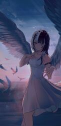  1girl arm_strap bird black_hair breasts closed_mouth dress feathered_wings halo highres hololive hololive_english karu_(karusenpai) long_hair looking_at_viewer ocean outdoors shiori_novella small_breasts solo twilight virtual_youtuber white_dress white_hair white_halo white_wings wings yellow_eyes 