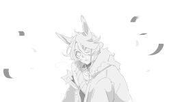  1girl animal_ears belt_buckle belted_jacket blonde_hair buckle collar commentary confetti ear_ornament english_commentary exhausted fur-trimmed_jacket fur_trim hair_between_eyes heavy_breathing highres horse_ears horse_girl jacket long_hair_between_eyes long_sleeves narita_taishin_(nevertheless)_(umamusume) narita_taishin_(umamusume) parted_lips pointy_nose shirt short_hair simple_background single_bare_shoulder solo striped_clothes striped_shirt surprised szrimp umamusume upper_body v-neck white_background wide-eyed 