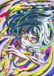  1girl absurdres belt blue_eyes boots chromatic_aberration dress film_grain fingernails flat_chest floating_hair foreshortening from_above highres ink_splatter long_fingernails long_hair looking_at_viewer miniskirt neon_palette original parted_lips pink_belt red_pupils running semi-rimless_eyewear skirt thigh_boots torn_clothes torn_sleeves umiushi_(di6) wavy_hair white_background 