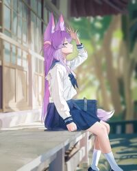  1girl absurdres animal_ear_fluff animal_ears arm_at_side bag blue_bag blue_eyes blue_neckerchief blue_sailor_collar blue_skirt blurry blurry_background closed_mouth commentary dangling day depth_of_field expressionless feet_out_of_frame fox_ears fox_girl from_side hair_ornament hair_rings hand_up highres long_hair long_sleeves looking_up neckerchief noah0912345 outdoors pleated_skirt pom_pom_(clothes) pom_pom_hair_ornament profile purple_hair sailor_collar school_bag school_uniform serafuku shading_eyes shirt single_hair_ring sitting skirt socks solo stellive straight_hair tenko_shibuki very_long_hair virtual_youtuber white_shirt white_socks 