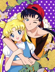  2girls :d ;) arm_around_shoulder backwards_hat bishoujo_senshi_sailor_moon blonde_hair blue_eyes blue_shirt collarbone commentary_request crescent crescent_earrings double_bun earrings flower hair_bun hand_on_another's_arm hat highres hug jewelry kiririn_(pixiv_31446855) long_hair low_ponytail multiple_girls one_eye_closed open_mouth polka_dot polka_dot_background ponytail purple_background red_hat seiya_kou shirt smile tsukino_usagi twintails white_flower yellow_flower yuri 