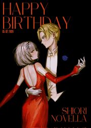  1boy 1girl black_hair black_jacket blonde_hair blue_eyes character_name commentary dancing dated dimitri_alexandre_blaiddyd dress elbow_gloves english_commentary fire_emblem gloves grey_hair happy_birthday hetero highres holding_hands hololive hololive_english jacket multicolored_hair red_dress red_gloves shiori_novella shirt suit_jacket tablicoart two-tone_hair virtual_youtuber white_shirt yellow_eyes 