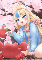 1girl 1other ahoge alternate_costume animal_ear_fluff animal_ears arm_support blonde_hair blue_eyes blue_shirt blue_streaks blunt_bangs bow cat_ears cherry_blossoms dango dress dress_bow dress_under_shirt floral_bow_hair_ornament flower food frilled_dress frills from_below hair_flower hair_ornament hand_on_ground highres holding holding_food indie_virtual_youtuber kaniki_(sameko_saba) kneeling long_sleeves looking_at_another low_twintails multicolored_hair on_ground open_mouth picnic_blanket pink_bow sameko_saba shirt single_hair_streak smile solo_focus streaked_hair superfann twintails virtual_youtuber wagashi white_dress 