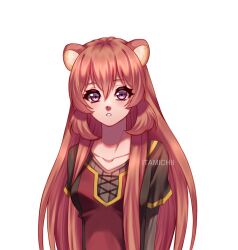  1girl animal_ear_fluff animal_ears artist_name black_shirt breasts brown_hair collarbone commentary english_commentary grey_shirt hair_between_eyes highres itamichii_mei layered_shirt long_hair long_sleeves looking_at_viewer open_mouth raccoon_ears raccoon_girl raphtalia red_shirt shirt short_sleeves simple_background small_breasts solo straight-on tate_no_yuusha_no_nariagari two-tone_shirt upper_body violet_eyes white_background 