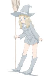  1girl alternate_costume blue_eyes boots broom brown_hair closed_mouth collared_shirt commentary_request dress eyelashes full_body grey_boots grey_dress grey_hat hat highres holding holding_broom knees leaning long_hair long_sleeves maamotto_wa_sakebu!!! pokemon pokemon_x_and_y serena_(pokemon) shirt solo standing white_background white_shirt witch witch_hat 