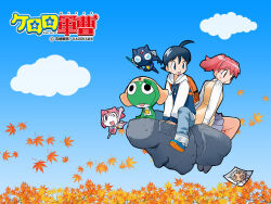  alien bag black_eyes black_hair blue_eyes blue_sky cardigan copyright_name dororo_(keroro_gunsou) frog hat hinata_fuyuki hinata_natsumi hood hoodie keroro keroro_gunsou leaf long_hair maple_leaf official_art official_wallpaper one_eye_closed pants pink_eyes pink_hair pururu school_uniform shirt shoes short_hair simple_background skirt sky star_(symbol) twintails yoshizaki_mine 
