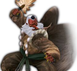  3d beard colored_sclera colored_skin cowboy_shot dead_or_alive_dimensions facial_hair feathered_wings fighting_stance fingernails full_beard hand_fan hat holding holding_fan japanese_clothes long_fingernails long_hair long_sleeves official_art open_mouth promotional_art red_skin traditional_youkai white_background white_beard white_hair wings yellow_nails yellow_sclera 