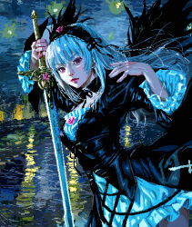  1girl arms_up background_request black_dress black_headdress commentary_request cowboy_shot dress frilled_dress frills goth_fashion gothic_lolita holding holding_sword holding_weapon impasto jun89190 layered_dress leaning_forward lips lolita_fashion long_hair long_sleeves mixed-language_commentary night nose pixel_art red_eyes reflection reflective_liquid rozen_maiden sky solo suigintou sword town very_long_hair water weapon white_hair 