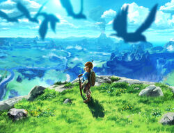  1boy :| absurdres aura bird blonde_hair blue_eyes blue_sky blue_tunic blurry blurry_foreground boots bow_(weapon) bridge brown_boots brown_gloves castle closed_mouth clouds dark_aura day fingerless_gloves flower forest from_above from_side full_body gloves grass hand_on_hilt hand_on_own_hip highres knee_boots layered_sleeves link long_sleeves looking_at_viewer looking_back looking_up male_focus mountainous_horizon nature official_art outdoors pants planted planted_sword pointy_ears river rock sheath sheikah_slate shield shield_on_back short_hair short_over_long_sleeves short_sleeves sidelocks single_vambrace sky smoke solo standing sword takumi_wada the_legend_of_zelda the_legend_of_zelda:_breath_of_the_wild third-party_source tunic undershirt v-shaped_eyebrows vambraces volcano weapon weapon_on_back white_flower white_pants wide_shot yellow_flower 