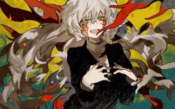  1girl :d aqua_background black_dress charlotte_wiltshire_(oracle) commentary disembodied_linked_eye dress extra_eyes flesh floating_hair hands_on_own_chest he_(minty) hello_charlotte highres long_hair long_sleeves looking_at_viewer messy_hair scar scar_on_face shirt smile solo tendril turtleneck turtleneck_shirt two-tone_background very_long_hair white_hair white_shirt yellow_background yellow_eyes 