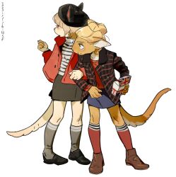  2girls beret blonde_hair bob_cut body_fur cat_girl chinese_commentary claws commentary_request full_body furry furry_female green_eyes hair_bun hat highres hs44444444 jacket kneehighs locked_arms looking_to_the_side multiple_girls original short_hair simple_background skirt socks standing tail white_background yellow_fur 