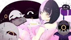  1girl birthday black_hair cake cake_slice candle closed_mouth food frilled_nightgown highres holding holding_plate hololive hololive_english long_hair looking_at_viewer misterrai multicolored_hair nightgown novelites_(shiori_novella) official_alternate_costume official_alternate_hairstyle pink_hair pink_nightgown pink_thighhighs plate shiori_novella shiori_novella_(pajamas) smile split-color_hair thigh-highs two-tone_hair virtual_youtuber yorick_(shiori_novella) 