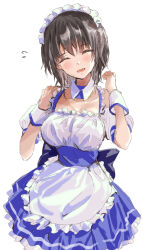  1girl aoi_erika aoi_erika_(deliverer_of_miracle) black_hair blush closed_mouth commentary_request flying_sweatdrops heaven_burns_red highres maid maid_headdress no53_(pixiv_77486930) open_mouth short_hair simple_background white_background 