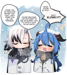  2girls ahoge arlecchino_(genshin_impact) bell black_hair black_hands black_streaks blue_hair blush closed_eyes coat colored_extremities commentary_request cowbell english_text fatui_coat fingernail_gloves fur-trimmed_coat fur_trim ganyu_(genshin_impact) genshin_impact goat_horns grey_coat hinagi_(fox_priest) horns long_hair multicolored_hair multiple_girls neck_bell streaked_hair white_coat white_hair 