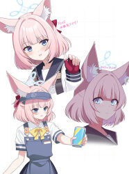  1girl animal_ear_fluff animal_ears apron armband blue_apron blue_archive blue_eyes blue_halo blue_sailor_collar blue_skirt bow collared_shirt commentary_request drink eko fingerless_gloves fox_ears fox_girl gloves half_updo halo highres holding holding_drink neckerchief niko_(blue_archive) parted_lips red_armband red_gloves red_neckerchief sailor_collar shaded_face shirt short_hair skirt staring visor_cap white_shirt yellow_bow 