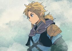  1boy armor artist_name blonde_hair blue_eyes blue_tunic chainmail champion's_tunic_(zelda) closed_mouth commentary_request dramatica grey_cloak highres link low_ponytail male_focus medium_hair parted_bangs pointy_ears ponytail shoulder_armor sidelocks solo the_legend_of_zelda the_legend_of_zelda:_tears_of_the_kingdom tunic 