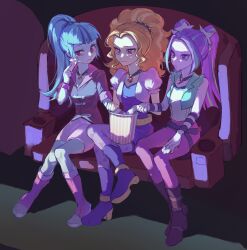  3girls :t adagio_dazzle adagio_dazzle_(human) animification aria_blaze aria_blaze_(human) bare_arms bare_legs bare_shoulders belt black_choker black_streaks block_heels blonde_streaks blue_hair blue_skin blunt_bangs blunt_ends boots breasts brooch brown_jacket bucket buttons choker collarbone colored_shoe_soles colored_skin couch cropped_jacket crossed_legs crying crying_with_eyes_open curly_hair curtained_hair deadbirdorzcr double-breasted dress equestria_girls:_rainbow_rocks forehead from_above frown full_body gem gold_belt green_jacket green_streaks hair_ornament hair_tie half-closed_eye hand_on_another's_arm hand_on_own_knee high_ponytail highres holding holding_tissue indoors inverted_eyelashes jacket jewelry knee_boots knees_apart_feet_together knees_together_feet_apart long_hair miniskirt movie_theater multicolored_boots multicolored_hair multiple_girls my_little_pony my_little_pony:_equestria_girls my_little_pony:_friendship_is_magic on_couch orange_hair pants pantyhose pencil_skirt pendant_choker petite pink_boots pink_eyes pink_jacket pink_pants pink_pantyhose pink_skin pink_skirt ponytail puffy_short_sleeves puffy_sleeves purple_belt purple_boots purple_dress purple_hair red_gem shirt short-sleeved_jacket short_dress short_sleeves skirt sleeveless sleeveless_jacket sleeveless_shirt small_breasts sonata_dusk sonata_dusk_(human) spikes star_(symbol) star_hair_ornament streaked_hair studded_belt tareme tears the_dazzlings_(my_little_pony) tissue triangle_print tsurime turning_head twintails two-tone_boots two-tone_hair uneven_eyes used_tissue v-bangs v-shaped_eyebrows violet_eyes wavy_mouth white_shirt wiping_tears wristband yellow_boots 