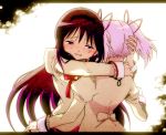  akemi_homura akira-riku black_hair from_behind hairband hug kaname_madoka letterboxed long_hair mahou_shoujo_madoka_magica multiple_girls pink_hair school_uniform short_hair short_twintails tears twintails 