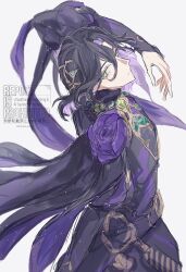  1boy armor black_armor black_dress black_hair cape colored_inner_hair dress fate/grand_order fate_(series) flower flower_ornament green_eyes hair_ornament hakaba_garden highres john_lackland_(fate) long_sleeves looking_to_the_side male_focus multicolored_hair purple_flower purple_hair purple_rose rose two-tone_hair white_background 