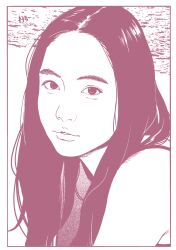  1girl absurdres aegyo_sal brown_theme commentary_request east_asian forehead futoshi_slim greyscale highres lips long_hair looking_at_viewer monochrome original parted_lips portrait profile realistic signature solo 