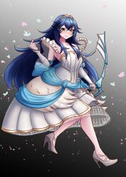  1girl absurdres aqua_bow aqua_sash back_bow bare_shoulders blue_eyes blue_hair bow bow_(weapon) brand_of_the_exalt collarbone detached_sleeves dress finger_heart fire_emblem fire_emblem_awakening gold_tiara gold_trim gradient_background hair_between_eyes heart high_heels highres holding holding_bow_(weapon) holding_weapon long_hair looking_at_viewer lucina_(bridal)_(fire_emblem) lucina_(fire_emblem) medium_dress monochrome_background official_alternate_costume petals sash see-through_clothes see-through_sleeves shoes silver_shoes smile strappy_heels symbol-shaped_pupils symbol_in_eye weapon wedding_dress white_dress white_shoes white_sleeves will_(willanator93) 