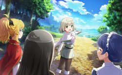  4girls ^_^ artist_request belt belt_buckle black_bow black_hair black_shirt blonde_hair blue_hair blue_shirt blue_sky boots bow brown_boots brown_pants buckle bush cape capelet cloak closed_eyes closed_mouth clouds collared_capelet day dot_nose elisa_celjska eyelashes feet_out_of_frame forest frilled_capelet frills from_behind game_asset gloves green_eyes green_tunic grey_hair hair_bow hair_bun happy high-waist_belt highres jeanne_d'arc_(madoka_magica) knee_boots layered_sleeves light_blush long_shirt long_sleeves looking_at_another looking_back loose_hair_strand mahou_shoujo_madoka_magica mahou_shoujo_madoka_magica_magia_exedra mahou_shoujo_tart_magica maid maid_headdress medium_hair melissa_de_vignolles mole mole_under_eye mountainous_horizon multiple_girls nature official_art open_mouth outdoors pants pointing pointing_forward pointy_nose puffy_long_sleeves puffy_sleeves red_cape red_eyes riz_hawkwood shade shirt short_hair short_over_long_sleeves short_sleeves sidelocks single_hair_bun sky smile straight_hair tareme third-party_source tsurime tunic updo upper_body white_belt white_capelet white_cloak white_shirt yellow_gloves 