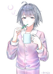  1girl absurdres ahoge alternate_costume arknights black_eyes black_hair brushing_teeth buttons chinese_commentary cowboy_shot cup drink english_commentary highres holding holding_drink la_pluma_(arknights) long_sleeves mixed-language_commentary mug pajamas pink_pajamas pink_shirt quietmrcat shirt short_hair simple_background solo squeans standing white_background 