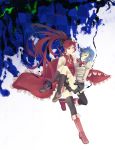  bare_shoulders blue_hair carrying closed_eyes detached_sleeves eyes_closed highres hinagi_(fox_priest) long_hair magical_girl mahou_shoujo_madoka_magica miki_sayaka multiple_girls ponytail princess_carry red_eyes red_hair redhead sakura_kyouko school_uniform short_hair tears thighhighs 