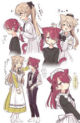  +++ ... 2girls :d ^_^ absurdres aged_down animal_ears apron arm_up black_dress black_pants black_shirt black_vest blush brown_eyes brown_hair cat_ears cat_girl cat_tail closed_eyes commentary_request dress frilled_apron frills fushigi_na_neko_no_machi_meltier green_dress hair_over_one_eye headpat highres juliet_sleeves long_sleeves maid maid_apron maid_headdress makia_(fushigi_na_neko_no_machi_meltier) multiple_girls nagi_(fushigi_na_neko_no_machi_meltier) no_shoes pants ponytail puffy_sleeves red_eyes red_hair sakura_oriko shirt simple_background small_sweatdrop smile socks spoken_ellipsis striped_clothes striped_shirt sweat tail tying_another's_hair vertical-striped_clothes vertical-striped_shirt vest wavy_mouth white_apron white_background white_socks 