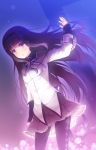  akemi_homura arms_up black_hair black_legwear black_pantyhose blush hair_flip hairband long_hair magical_girl mahou_shoujo_madoka_magica open_mouth pantyhose pleated_skirt purple_eyes purple_hair shield shiva shiva_(artist) shiva_(executor) skirt solo standing violet_eyes 