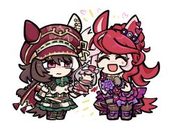  animal_ears black_gloves black_pantyhose blush bow breasts brown_hair cape chibi closed_eyes closed_mouth dress ear_covers ears_through_headwear facial_mark flower gloves green_bow hair_between_eyes hand_puppet hat heart heart_facial_mark heart_on_cheek highres horse_ears horse_girl jacket jewelry long_hair long_sleeves loves_only_you_(love-linked_aster)_(umamusume) loves_only_you_(umamusume) marche_lorraine_(racing)_(umamusume) marche_lorraine_(umamusume) mismatched_ear_covers multicolored_hair musical_note_ornament official_alternate_costume open_mouth pantyhose pikminpreggedup puppet purple_dress red_cape red_hair shoes short_hair single_strap skirt smile umamusume violet_eyes white_jacket 